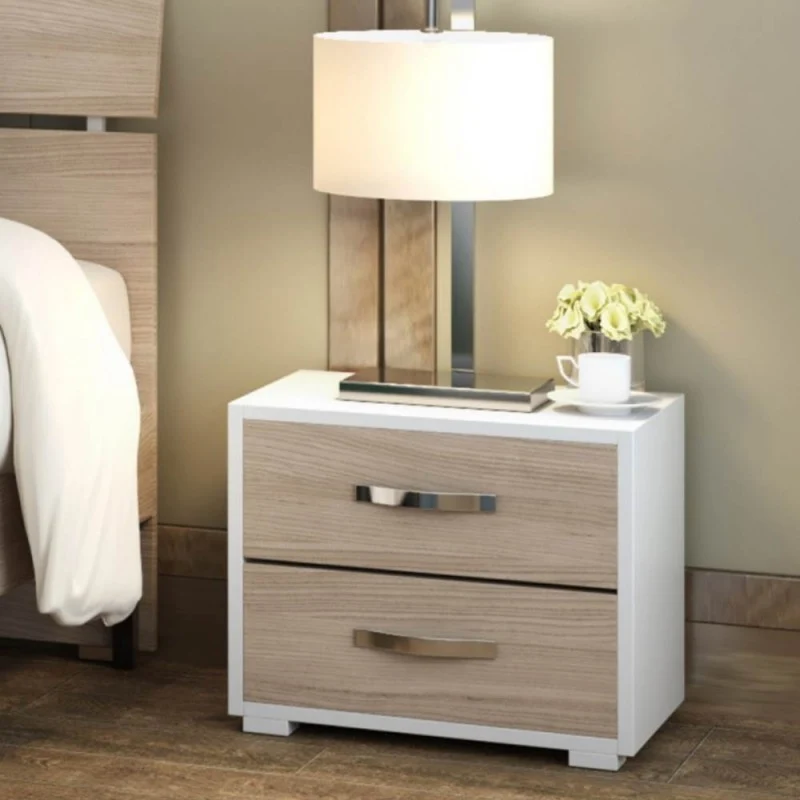 Comodino con 2 cassetti colore bianco e olmo 52x36x43H cm montato