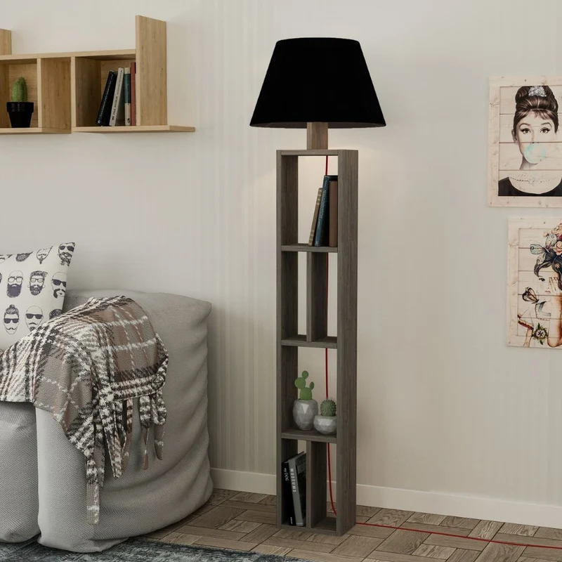 Lampada da terra in legno con libreria e paralume colore nero - Giorno
