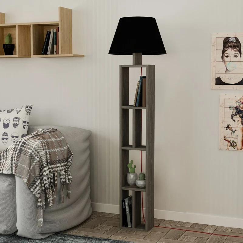 Lampada da terra in legno con libreria e paralume colore nero - Giorno