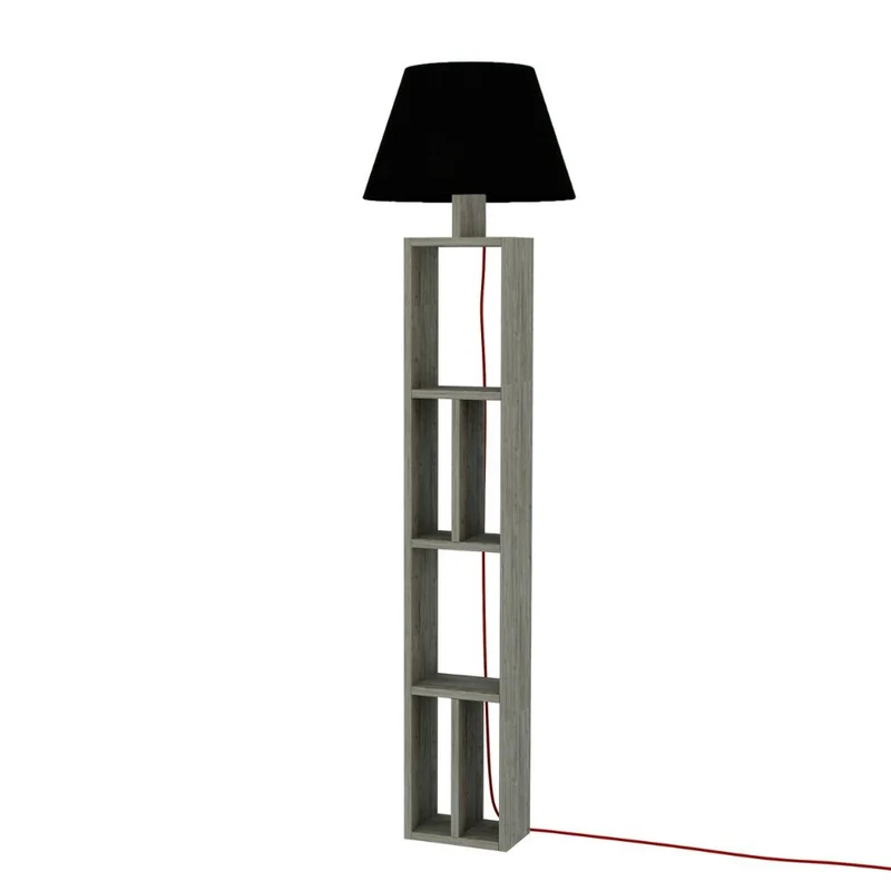 Lampada da terra in legno con libreria e paralume colore nero - Giorno