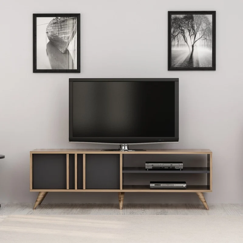 Mobile Porta Tv 150 cm in legno con ante e ripiano colore noce e antracite - Rilla