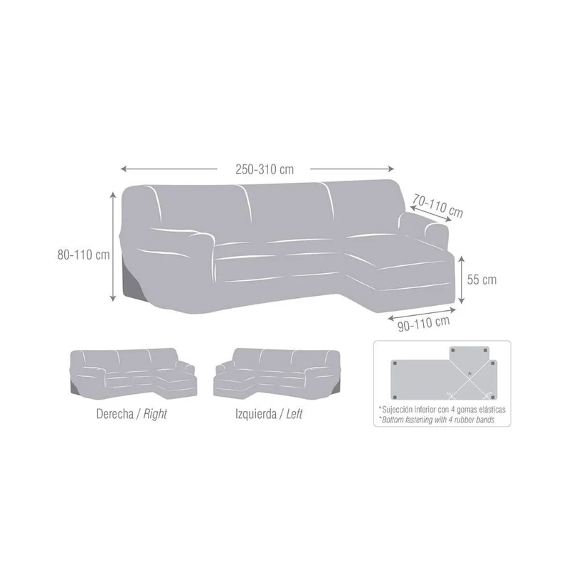 Copridivano elastico 250/310 cm penisola sinistra grigio bracciolo corto