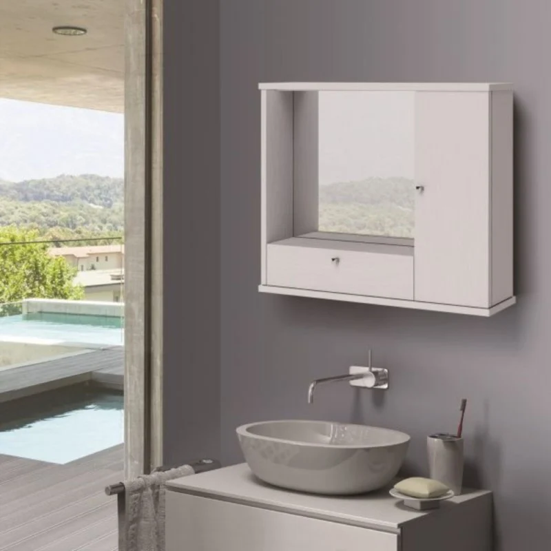 Specchiera da bagno con anta e ribalta colore bianco frassinato 73x61H cm