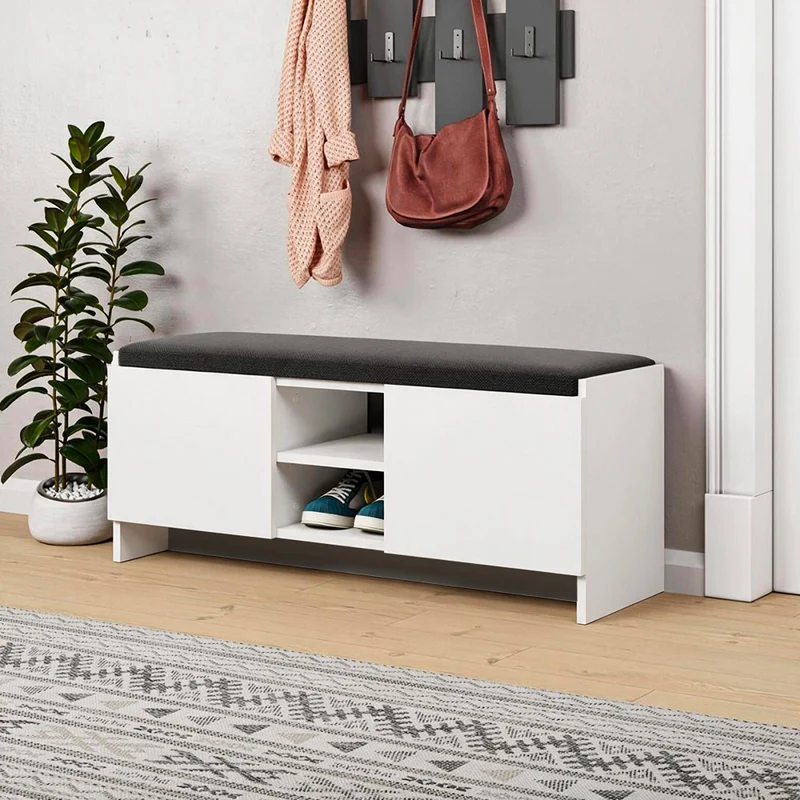 Panca scarpiera con ante e cuscino 110x40H cm colore bianca - Zulla