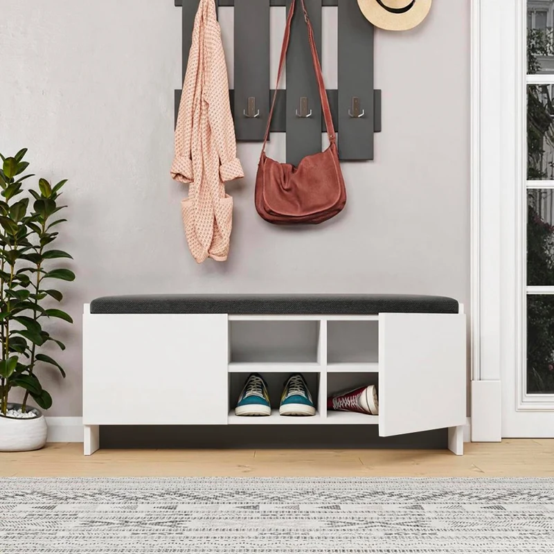 Panca scarpiera con ante e cuscino 110x40H cm colore bianca - Zulla