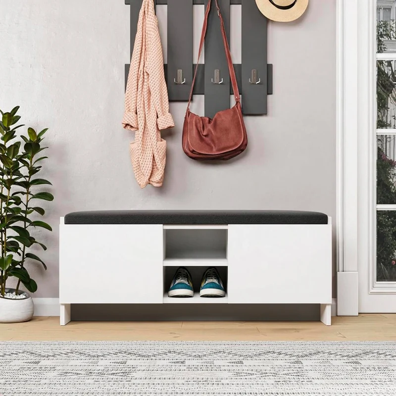 Panca scarpiera con ante e cuscino 110x40H cm colore bianca - Zulla