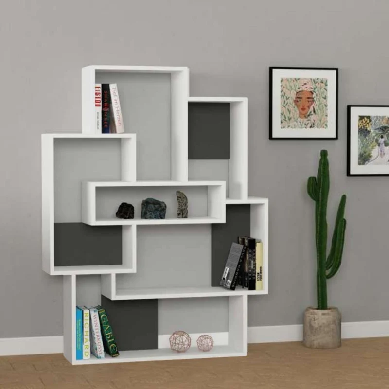 Libreria in legno 101x132H cm con 7 ripiani Colore bianco e antracite - Barce