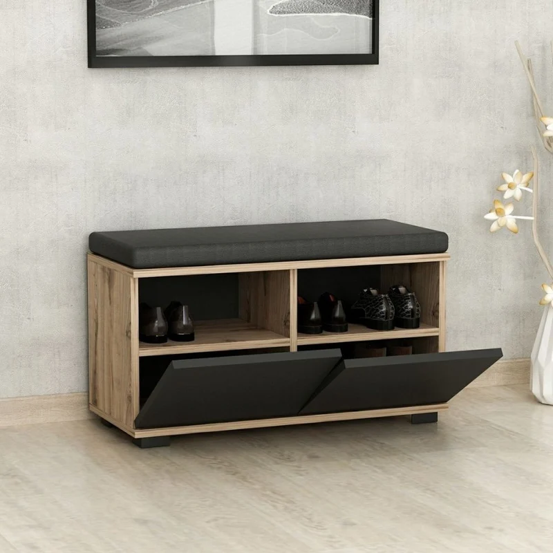 Scarpiera con pouff colore noce e nero 80 cm - Dragoshoe
