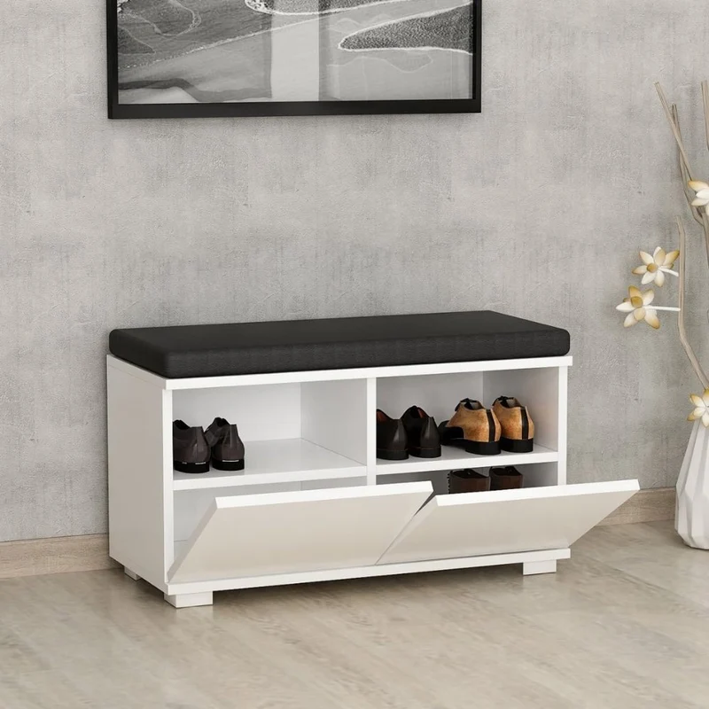 Scarpiera con pouff colore bianco e nero 80 cm - Dragoshoe