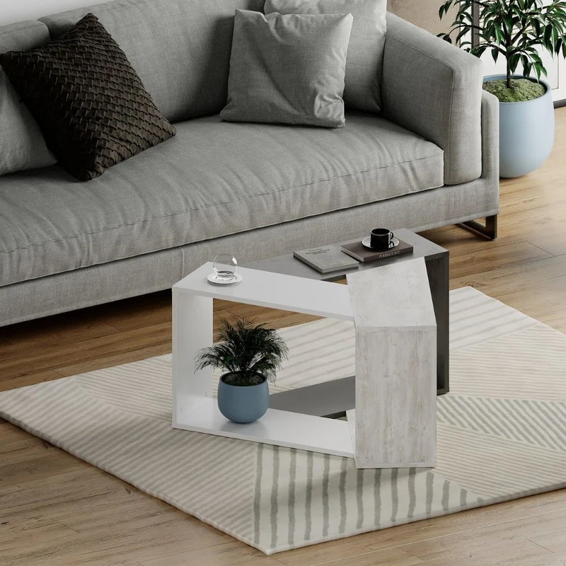 Tavolino da salotto 100x52h cm in legno colore cemento, bianco e bianco vintage - Trio