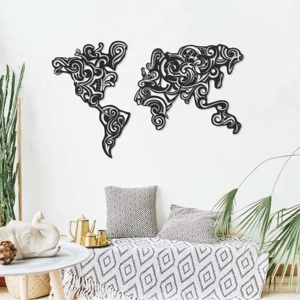 Cornice decorativa mappa continenti stilizzati in metallo colore nero - Tribal