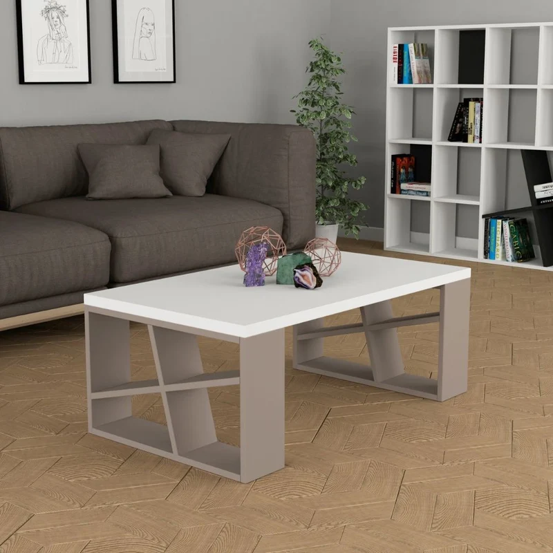 Tavolino da salotto con piano bianco e gambe tortora 105x40 cm - Honey
