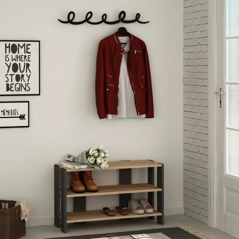 Mobile Ingresso scarpiera 84x43h cm colore rovere antracite con appendiabiti nero - Tono