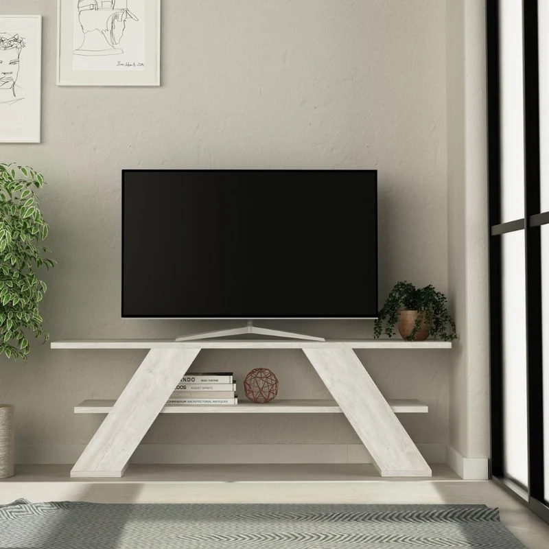 Mobile Porta TV 120x40 cm aperto con due ripiani colore bianco vintage - Farfalla