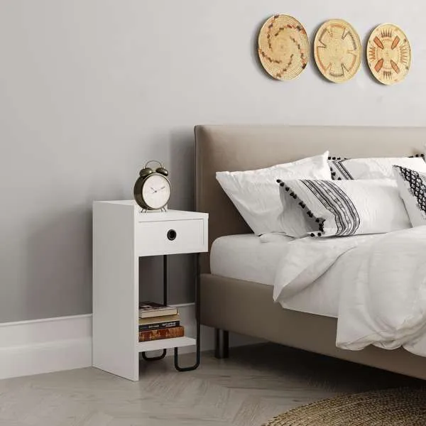 Comodino bianco con cassetto e gamba in metallo nero sinistro 31,5x60h cm - Sirius