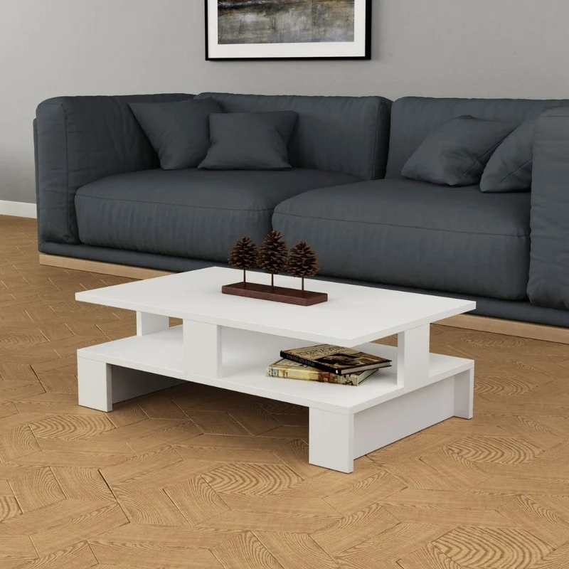Tavolino da salotto con doppio ripiano colore bianco 80x50 cm - Mansu