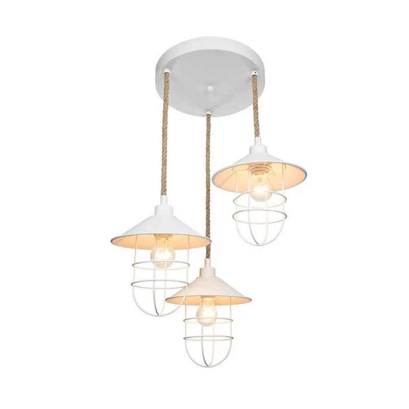Lampada a sospensione 90 cm con 3 luci metallo bianco e corda Bulut