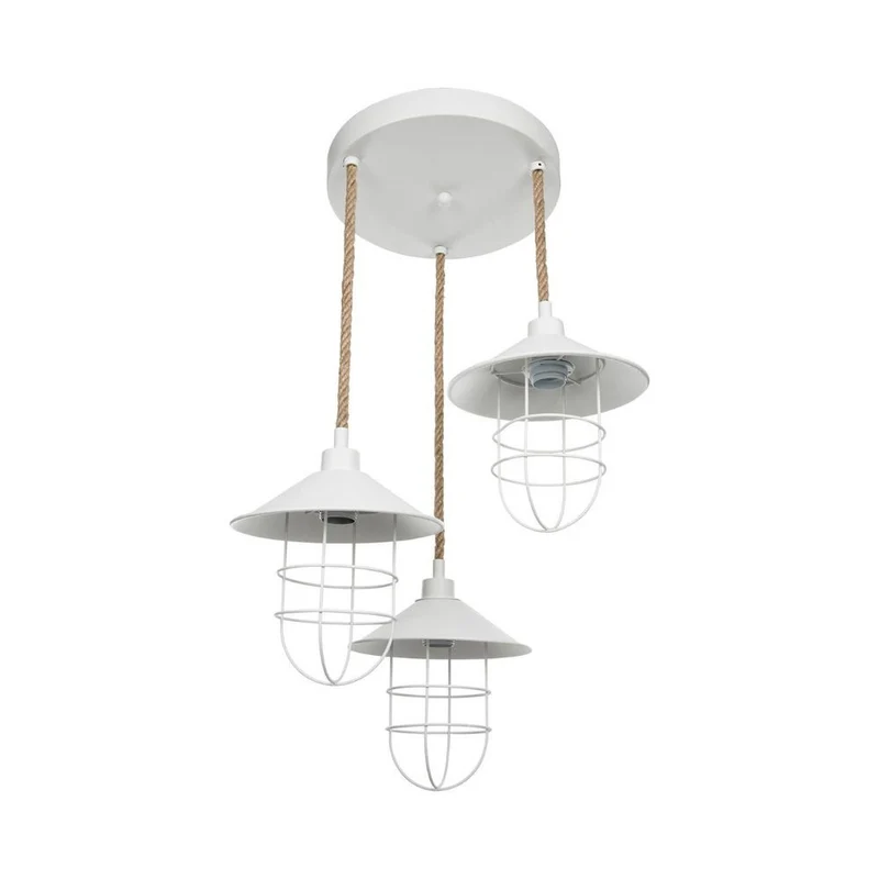 Lampada a sospensione 90 cm con 3 luci metallo bianco e corda Bulut