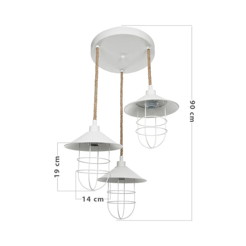 Lampada a sospensione 90 cm con 3 luci metallo bianco e corda Bulut