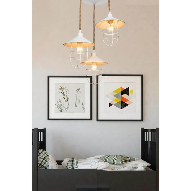 Lampada a sospensione 90 cm con 3 luci metallo bianco e corda Bulut