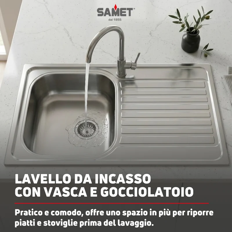 Lavello singolo in acciaio inox satinato con gocciolatoio destro 79x50 cm - Samet Classic 273