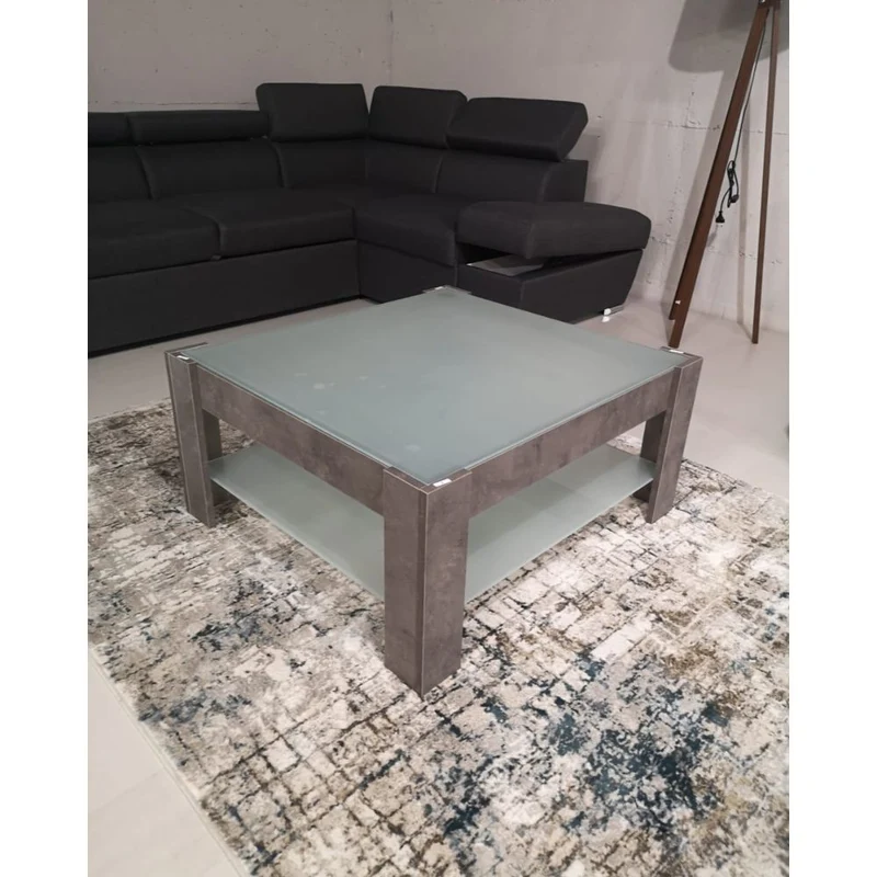 Tavolino da salotto 88,5x81 cm colore cemento con doppio ripiano in vetro - Homy
