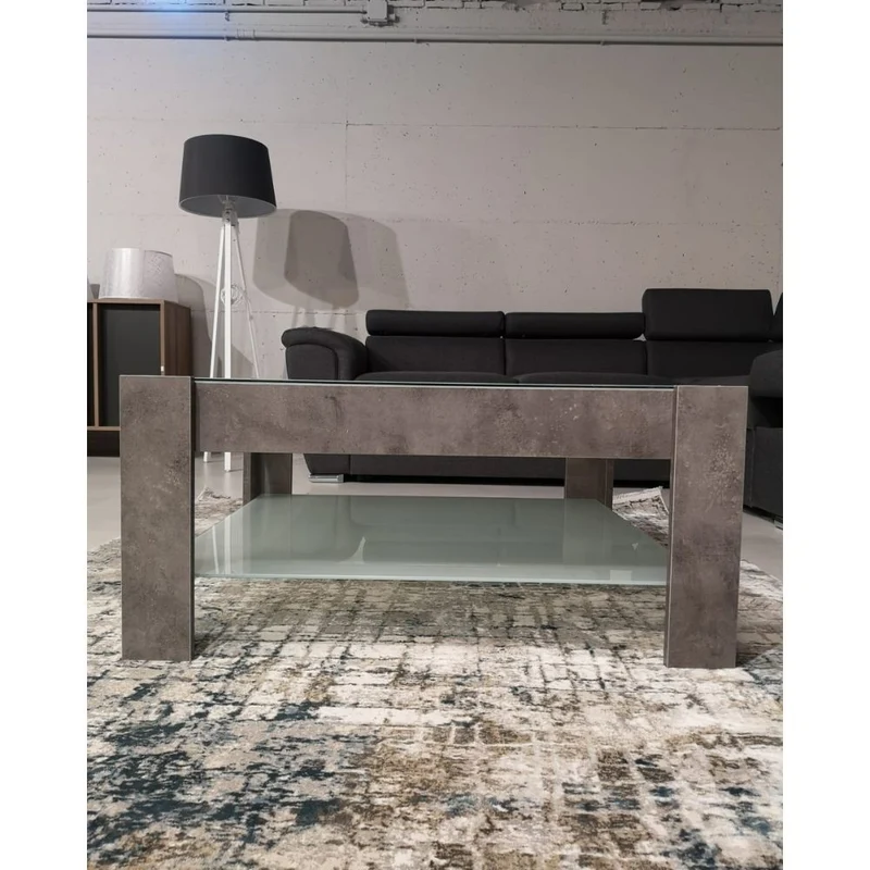 Tavolino da salotto 88,5x81 cm colore cemento con doppio ripiano in vetro - Homy