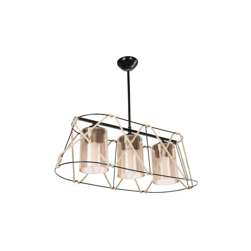 Lampada a sospensione 60 cm con 3 luci in metallo nero e corda