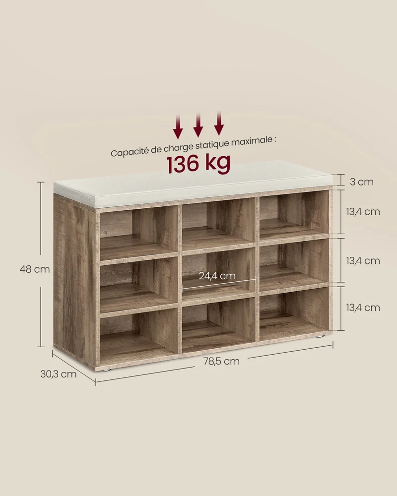Banc à chaussures meuble d’entrée avec siège étagère à chaussures avec coussin et 9 compartiments étagères réglables pour couloir salon 303 x 785 x 48 cm marron rustique 12_0004095