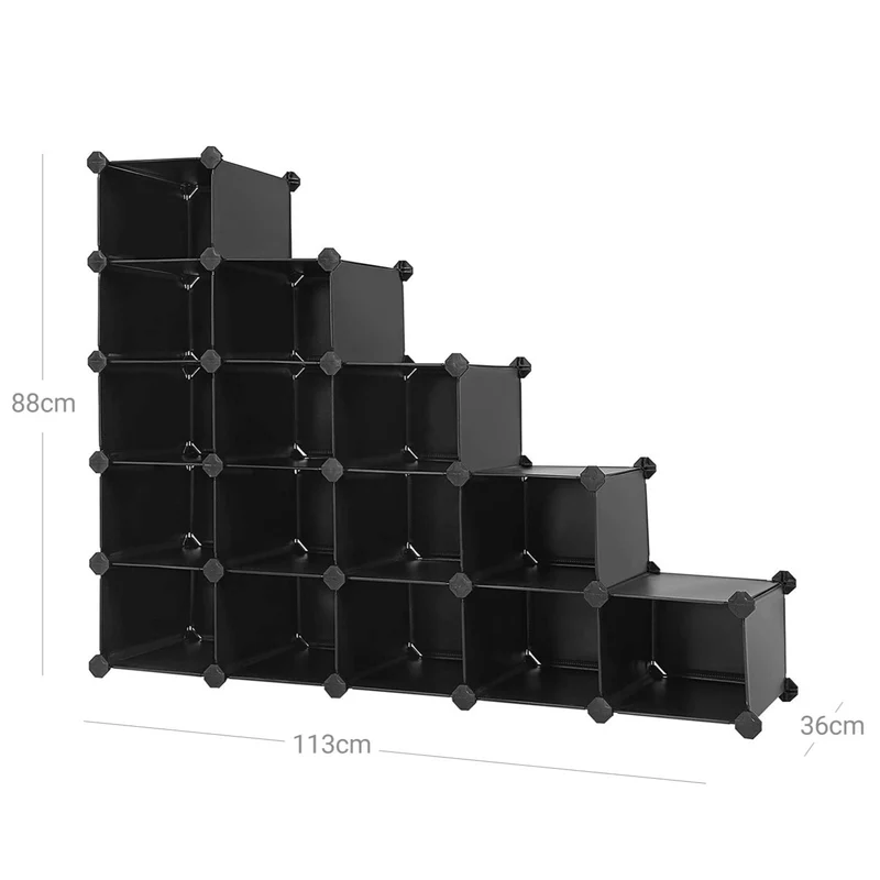 Meuble de rangement modulable 16 compartiments étagère en plastique avec portes pour vêtements chaussures jouets livres assemblage facile 153 cm noir 12_0003167