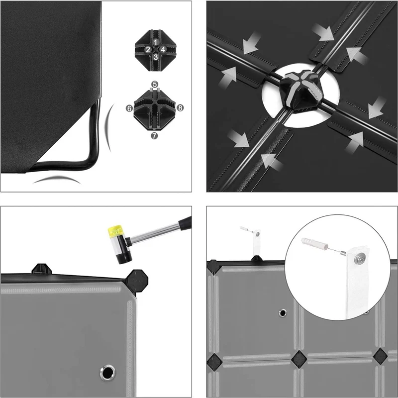 Meuble de rangement modulable 16 compartiments étagère en plastique avec portes pour vêtements chaussures jouets livres assemblage facile 153 cm noir 12_0003167