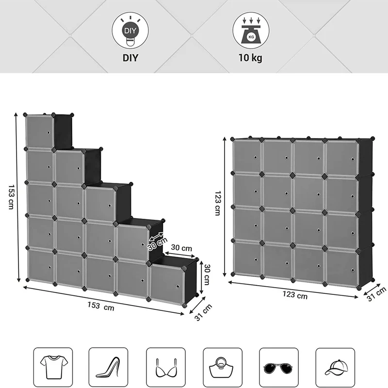 Meuble de rangement modulable 16 compartiments étagère en plastique avec portes pour vêtements chaussures jouets livres assemblage facile 153 cm noir 12_0003167