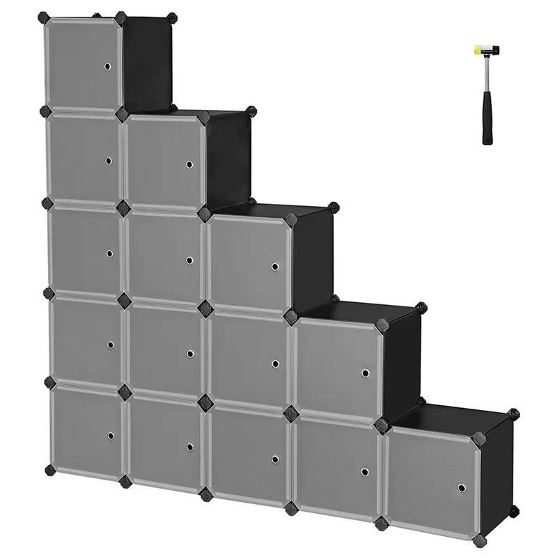 Meuble de rangement modulable 16 compartiments étagère en plastique avec portes pour vêtements chaussures jouets livres assemblage facile 153 cm noir 12_0003167
