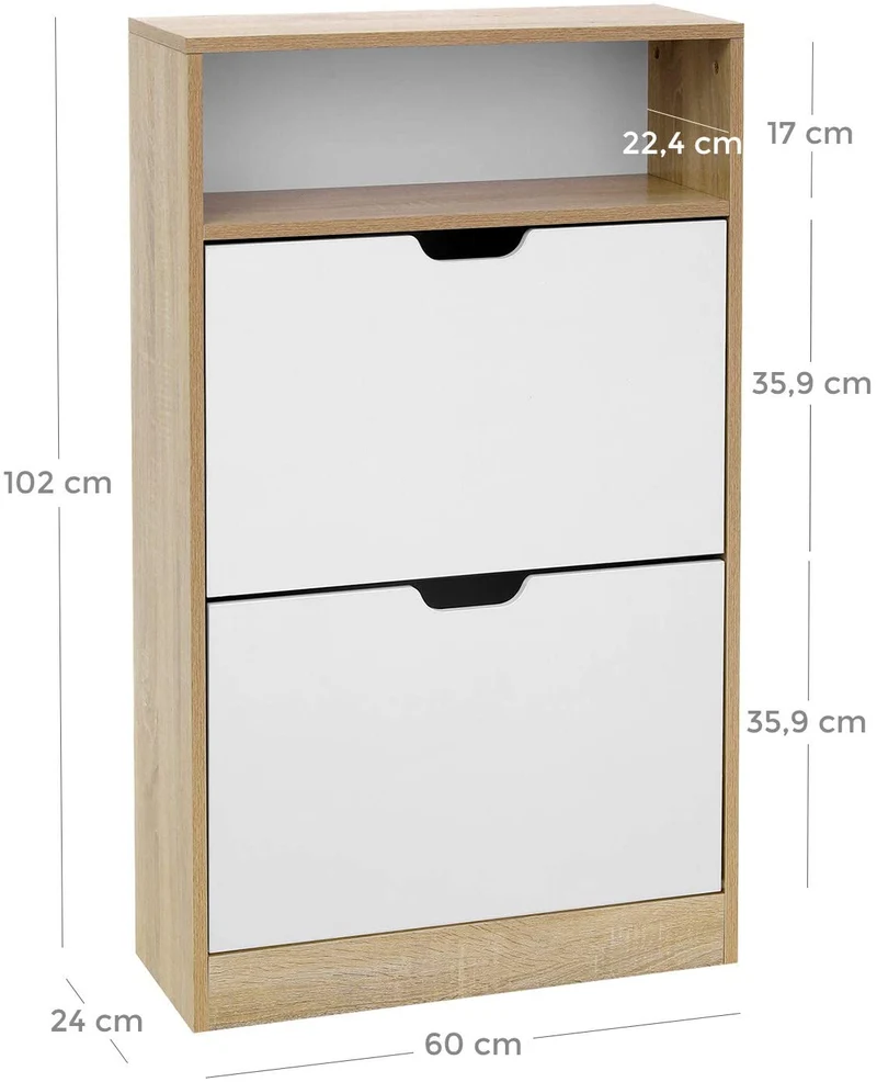 Meuble à chaussures 2 abattants étagère à chaussures 3 niveaux panneau mélaminé facile à nettoyer 60 x 24 x 102 cm blanc et couleur boisée 12_0000662