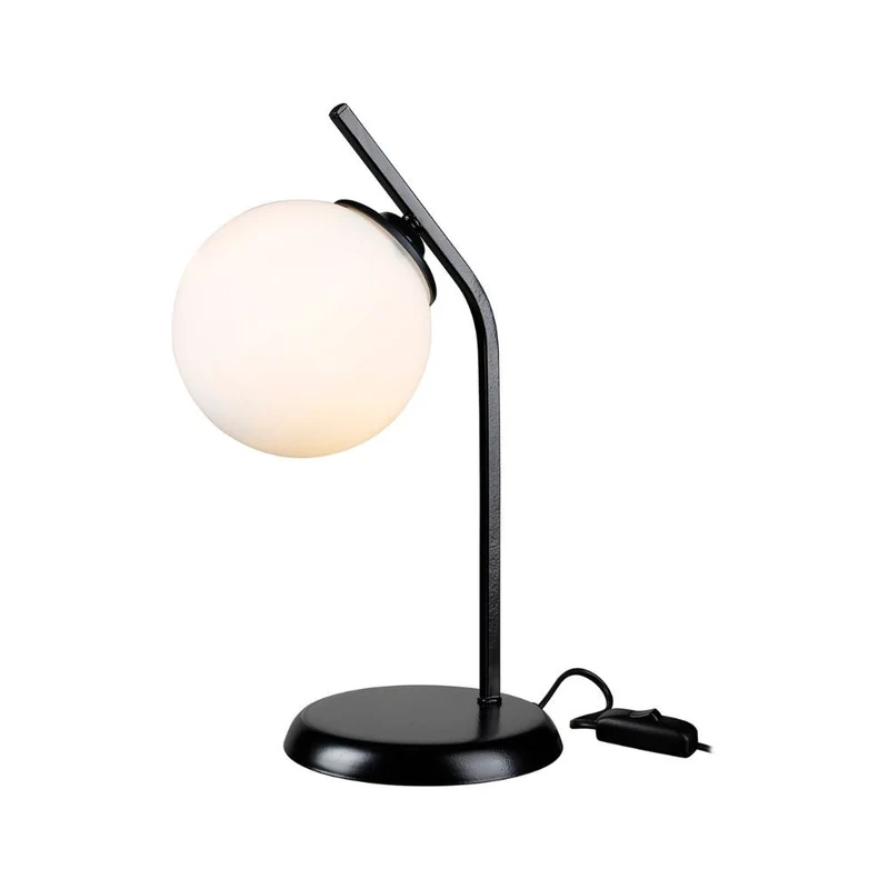 Lampada da tavolo metallo nero e paralume a sfera in vetro