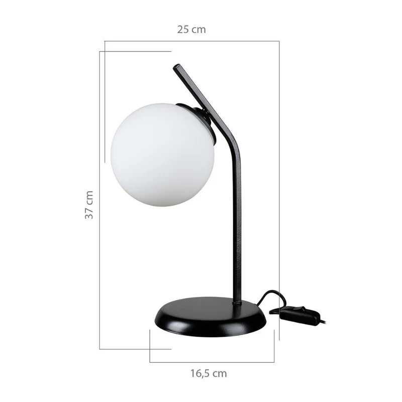 Lampada da tavolo metallo nero e paralume a sfera in vetro