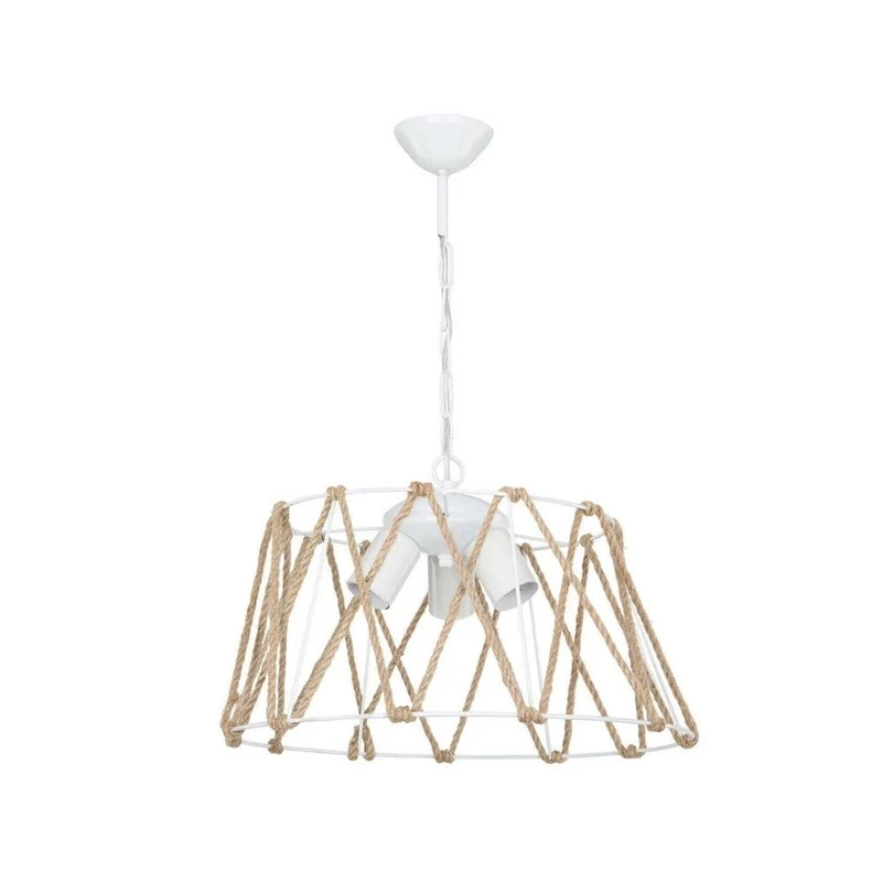 Lampada a sospensione 55h con 3 luci in metallo bianco e corda