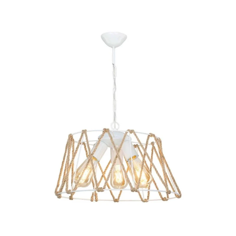 Lampada a sospensione 55h con 3 luci in metallo bianco e corda