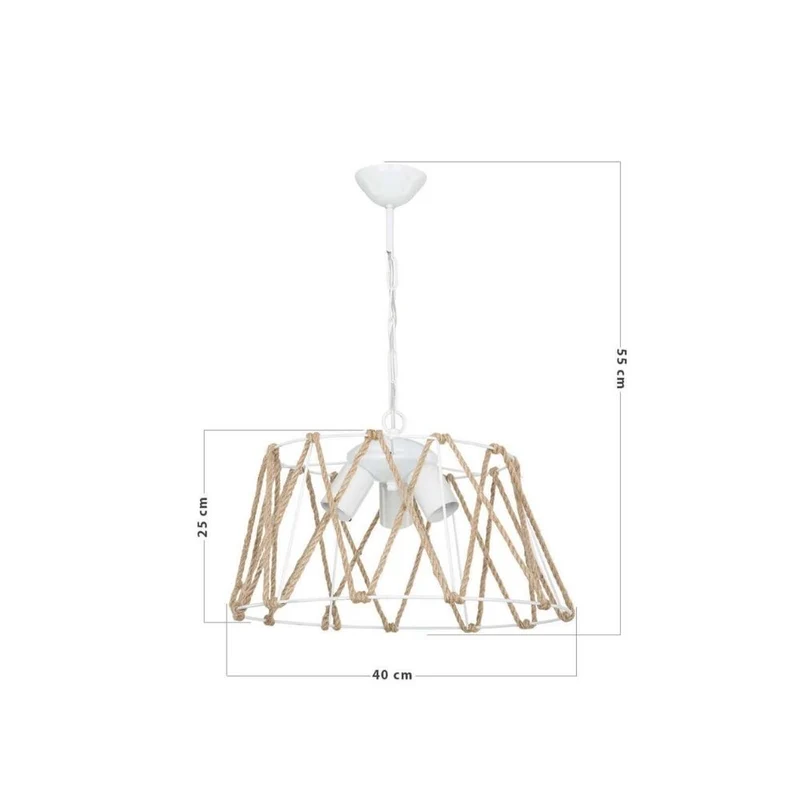 Lampada a sospensione 55h con 3 luci in metallo bianco e corda