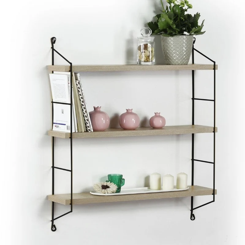 Mensola 60x68h cm cm con tre ripiani in legno colore rovere e struttura acciaio nero - Neelix