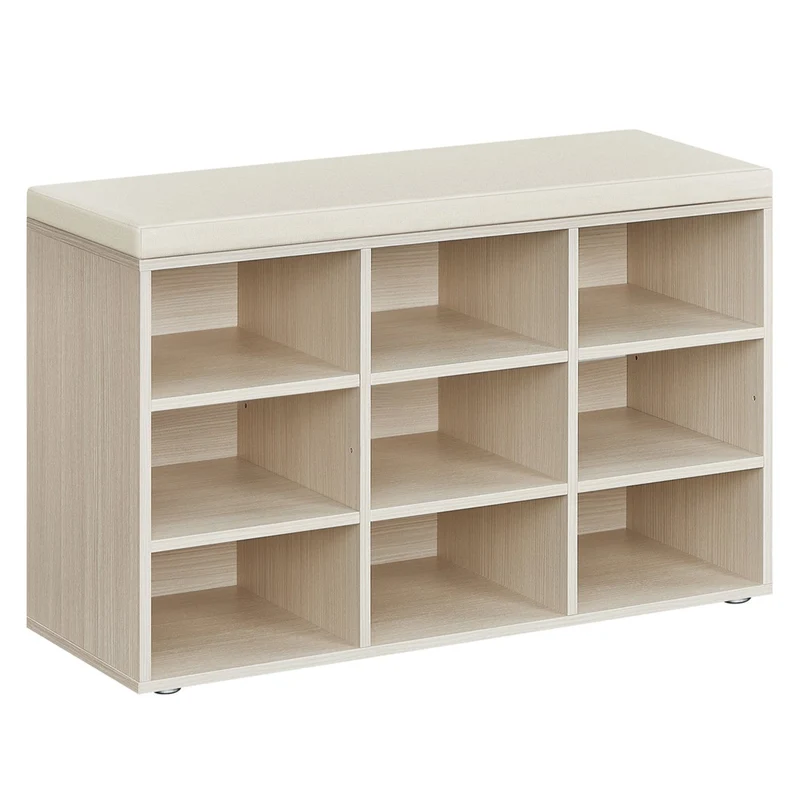 Banc à chaussures meuble d’entrée avec siège étagère à chaussures 30,3 x 78,5 x 48 cm avec coussin et 9 compartiments étagères réglables pour couloir salon beige 12_0004094