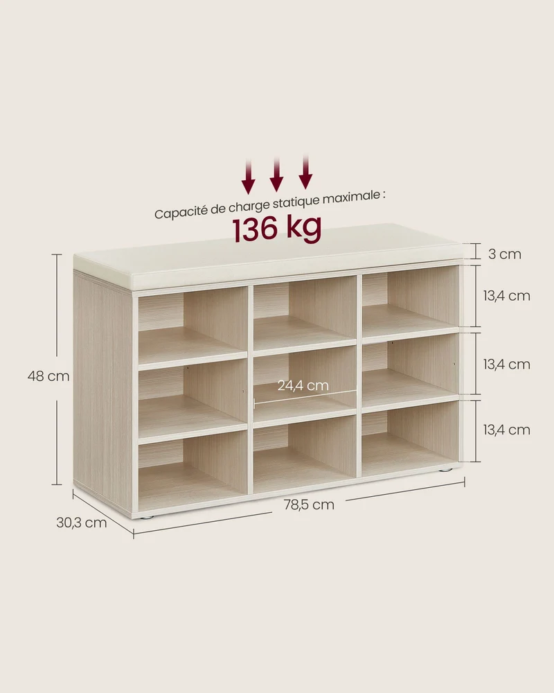 Banc à chaussures meuble d’entrée avec siège étagère à chaussures 30,3 x 78,5 x 48 cm avec coussin et 9 compartiments étagères réglables pour couloir salon beige 12_0004094