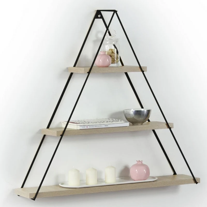 Mensola triangolare 74 cm in legno con tre ripiani colore rovere - Moset