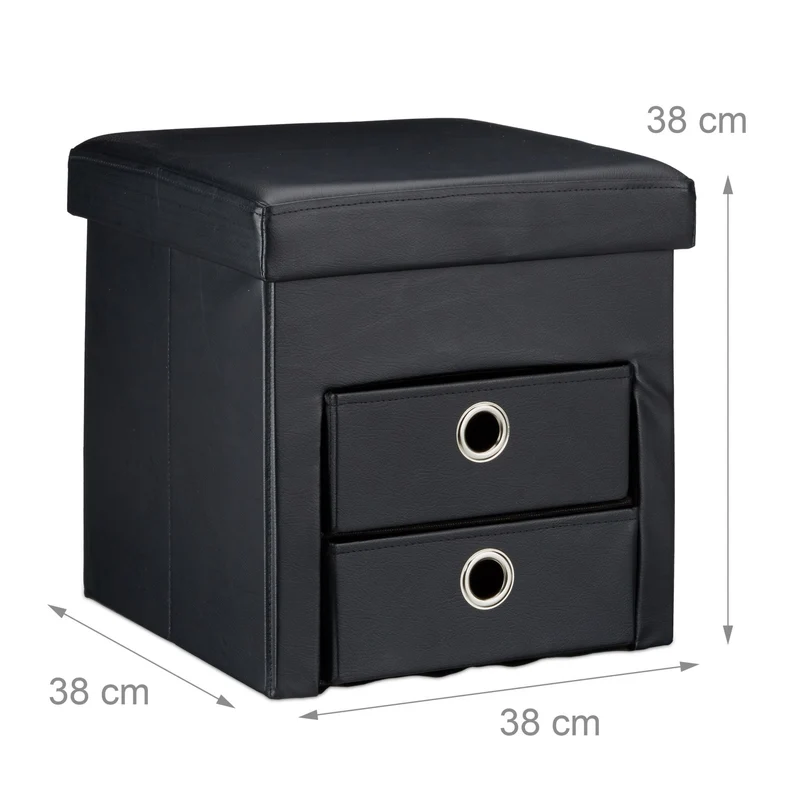 Tabouret de rangement pliant moderne avec 2 tiroirs 38 x 38 x 38 cm pratique et stable en similicuir noir 13_0005824