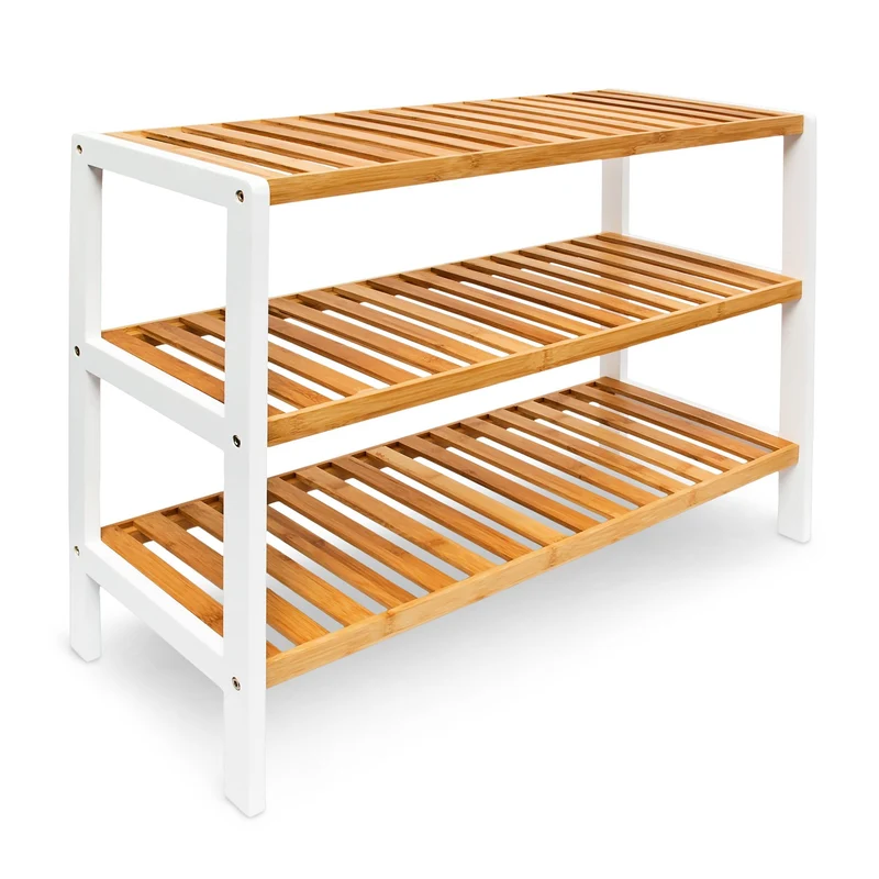 Étagère à chaussures pratique 3 niveaux 90 x 30 x 90 cm design scandinave finition laquée en bambou blanc 13_0005123