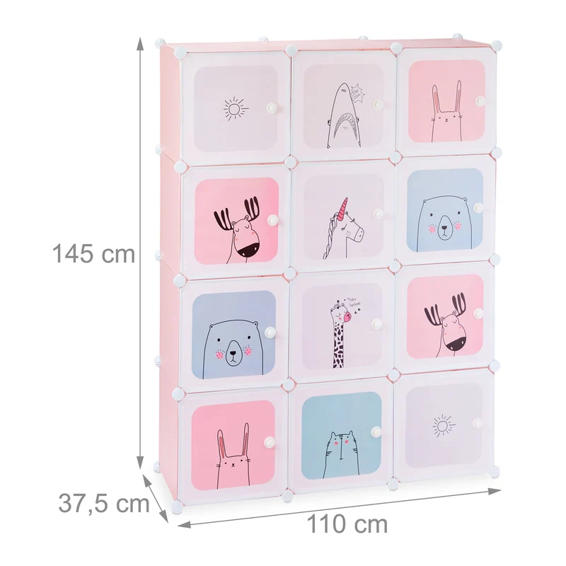 Etagère emboîtable enfant 12 casiers personnalisable rangement jouets chambre 100 x 30 x 80 cm en plastique rose 13_0007265