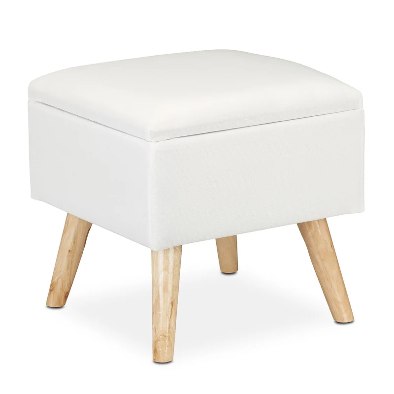 Tabouret avec rangement pour pieds décoratif 40 x 40 x 40 cm en lin artificiel blanc 13_0008757