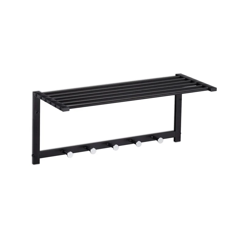 Porte-manteau mural moderne avec étagère rangement 5 patères style contemporain entrée salle de bain en métal noir 13_0008546