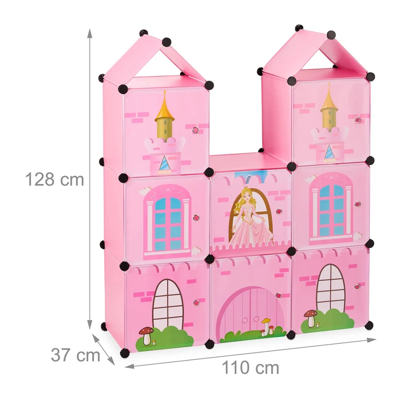 Etagère emboîtable enfant design beau château 8 casiers rangement vêtements jouets en plastique rose 13_0007267