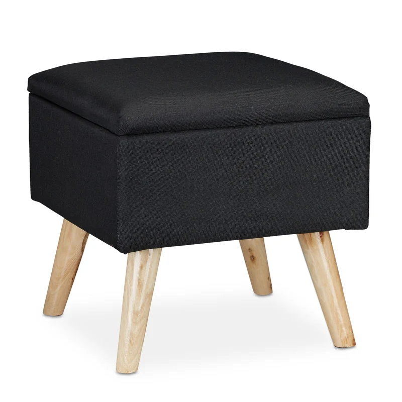 Tabouret de rangement décoratif carré 40 x 40 x 40 cm confort assise esthétique en lin artificiel noir 13_0008756
